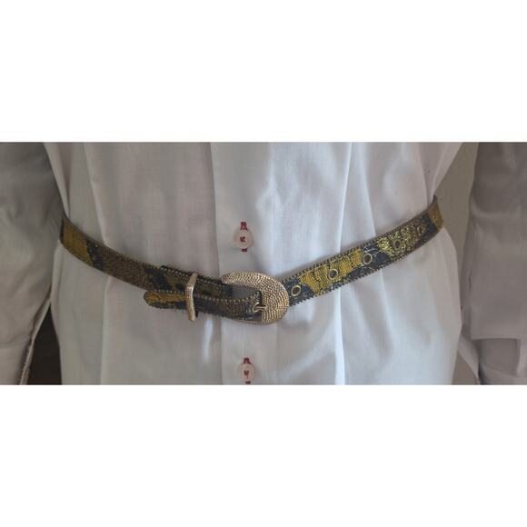 Womens fashion belt- 39" long- black/ gold metallic/ yellow - Picture 1 of 8